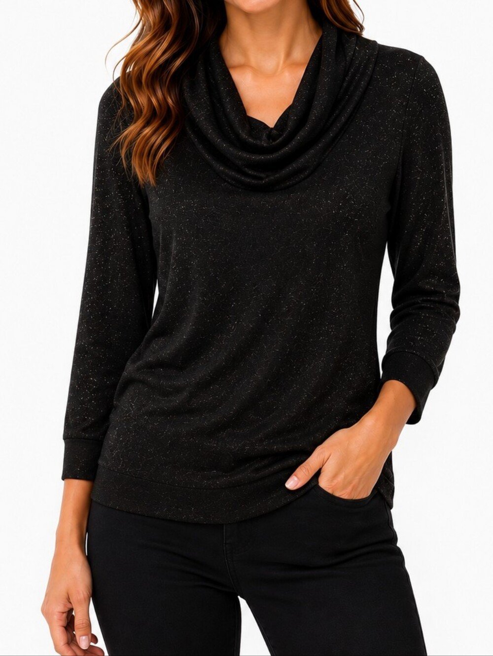 Josephine Chaus Women's Black Metallic Shimmer Silk Blend Cowl Neck Top. Size S